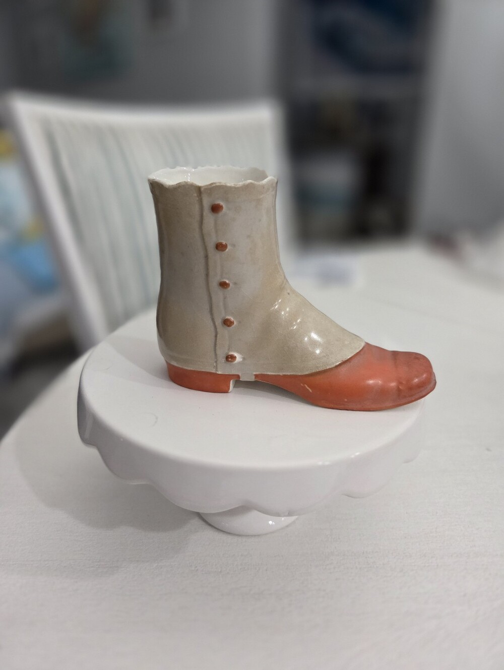 Vtg Ceramic Button Shoe Orange And Beige